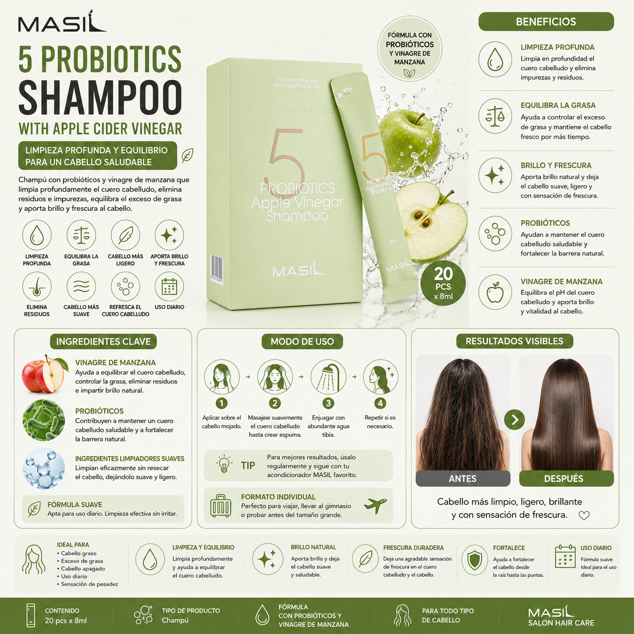 Masil - 5 Probiotics Shampoo with Apple Cider Vinegar, 20pcs x 8ml