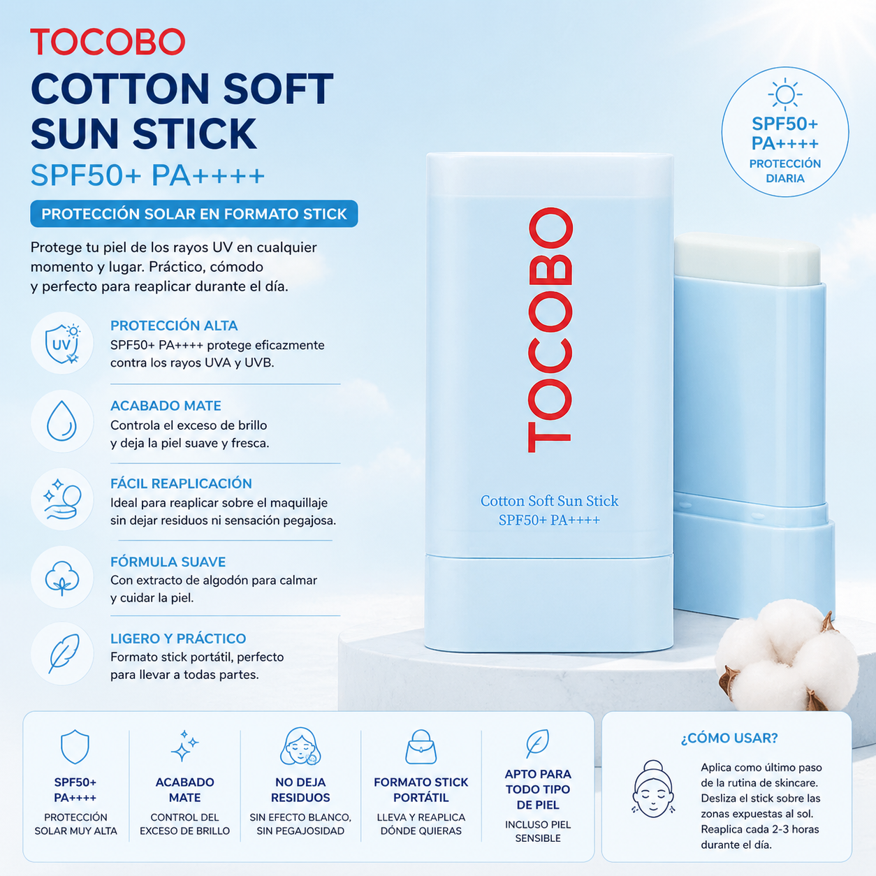 TOCOBO Cotton Soft Sun Stick SPF50 PA++++ 19g