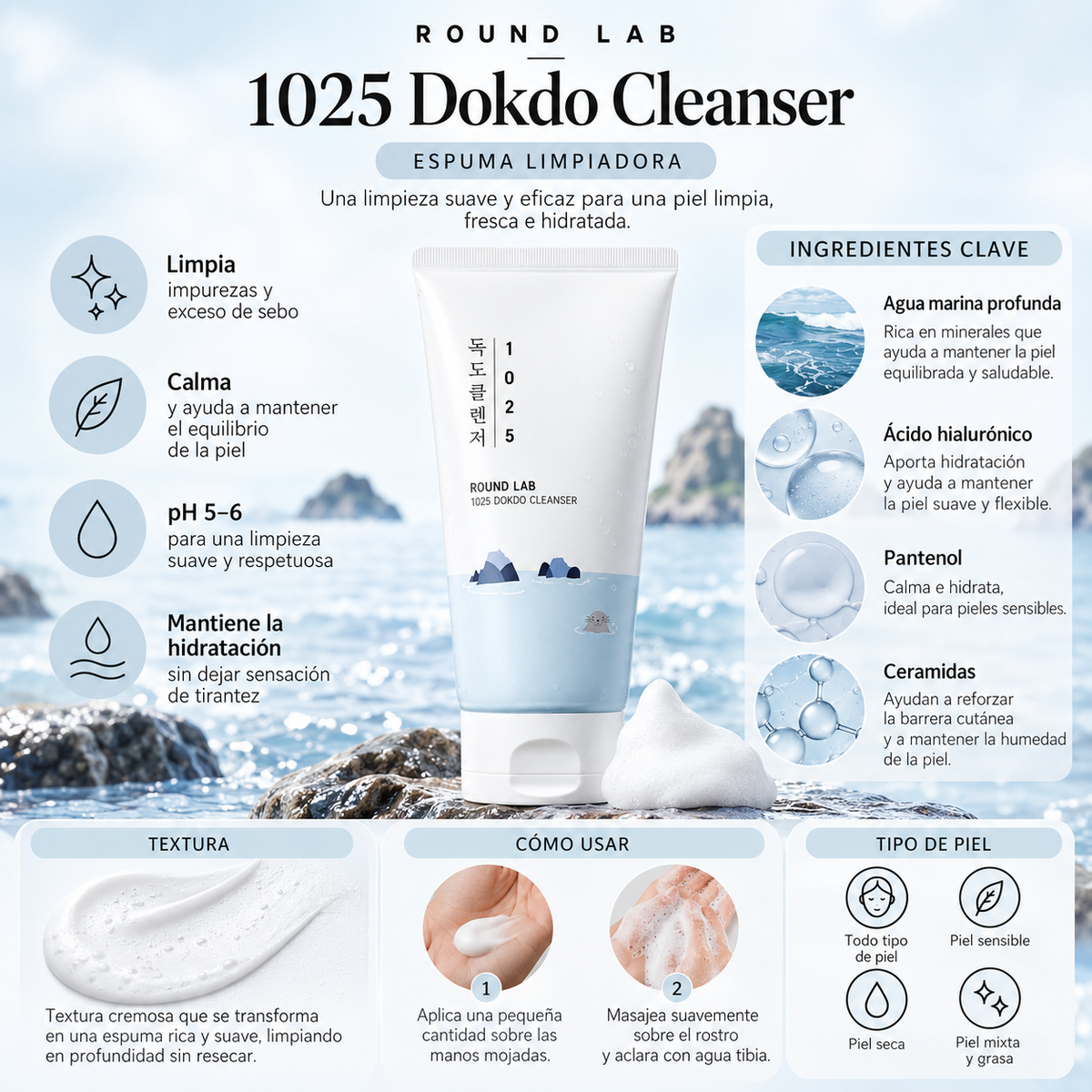 ROUND LAB 1025 Dokdo Cleanser – Espuma Limpiadora 150 ml