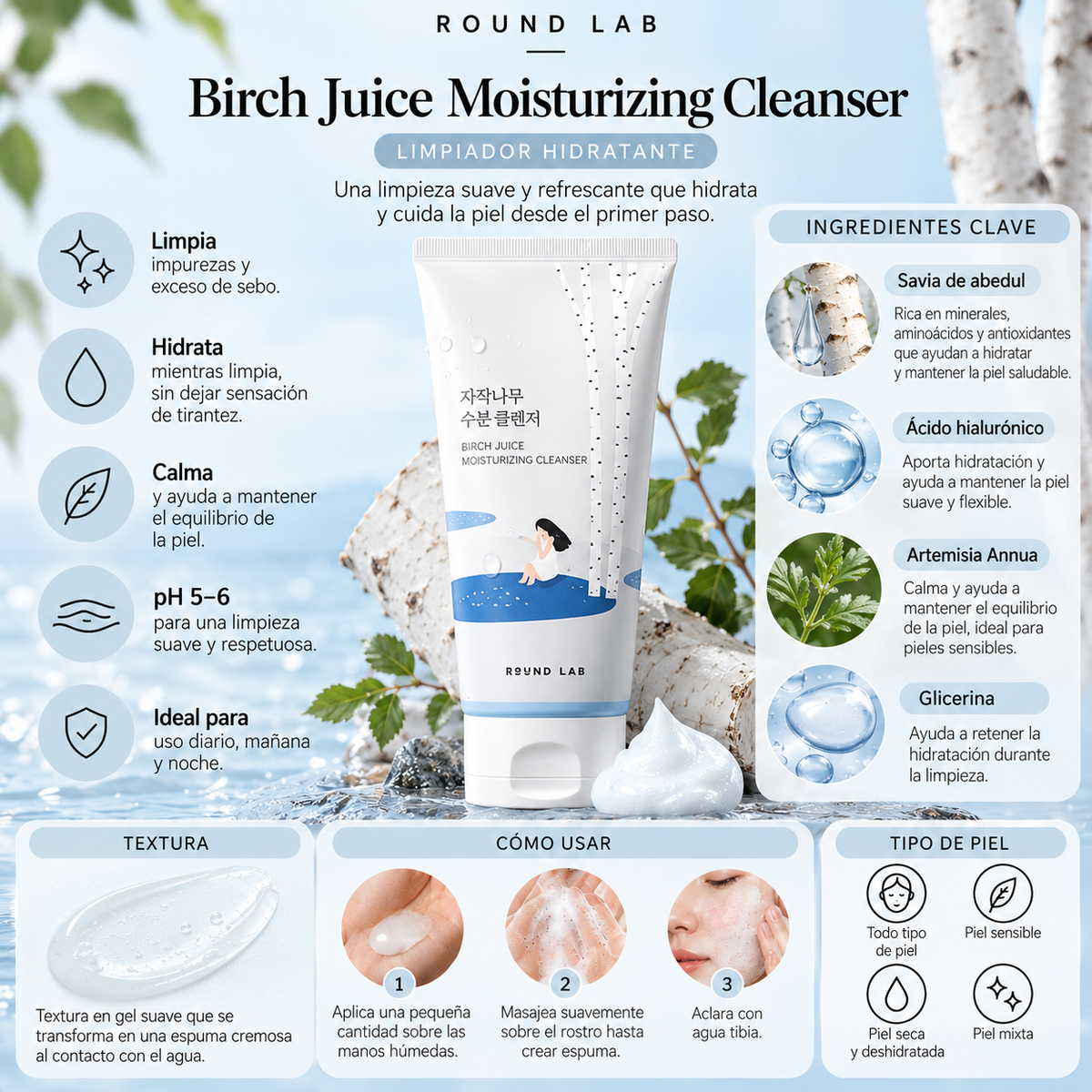 ROUND LAB Birch Juice Moisturizing Cleanser – Limpiador Hidratante 150 ml