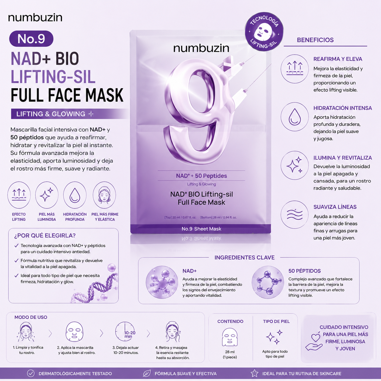 Numbuzin - No.9 NAD+ Bio Lifting-sil Full Face Mask 28ml, 1 unidad