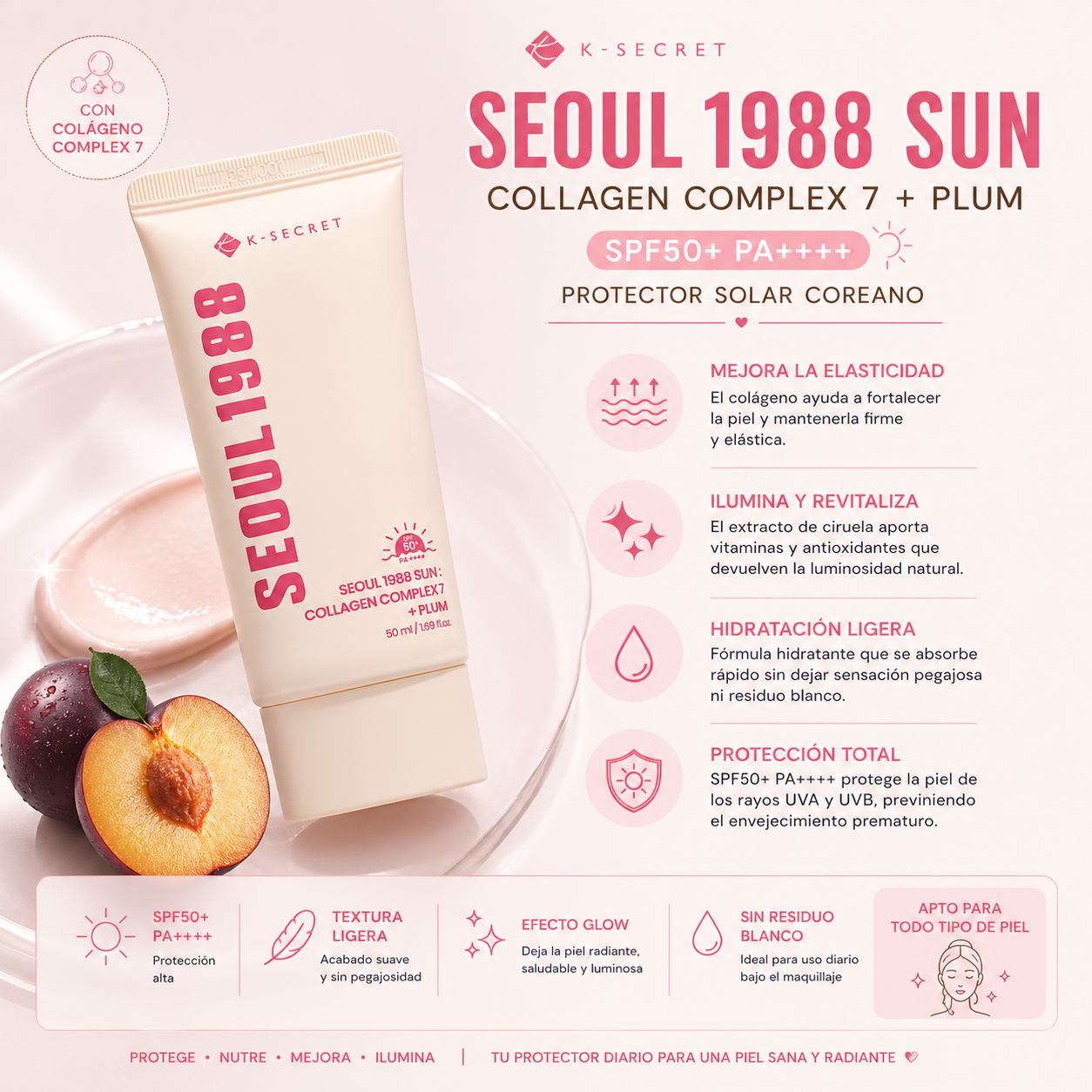 K-SECRET SEOUL 1988 Sun : Collagen Complex 7 + Plum SPF50+PA++++, 50ml